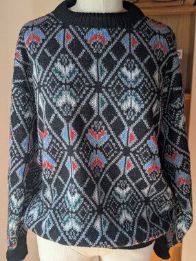 Vintage 80s/90s Celio Paris Knit Black/Multi Graphic Crewneck Sweater Pullover